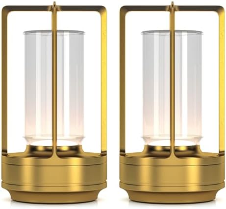 Portable Metal Table Lamp for Indoor/Outdoor ,Rechargeable Cordless LED Lamp, 3-Colour Infinitely Dimming Battery Powered Small Desk Lamp, Restaurant/Bedroom/Bar/Coffee/Camping Light (Gold Set of 2)