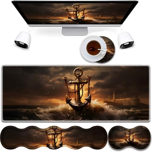 4 in 1 Mouse Pad Combo, Large Gaming Mouse Pad + Keyboard Wrist Support + Mouse Wrist Rest + Coaster, Table Pad 31.5 "x 11.8" with Memory Foam Ergonomic Wrist Pad Set, Waves and Anchors