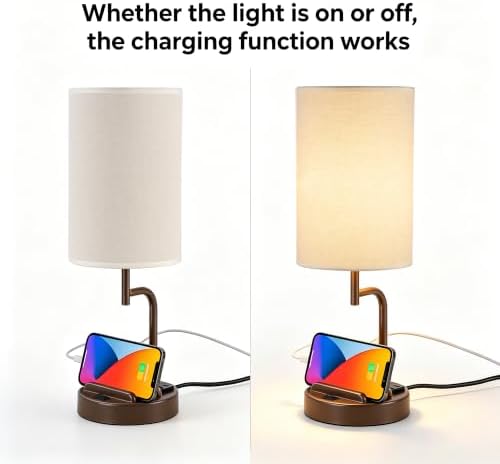 Dreamholder 2 Pack Table Lamp, Bedside Lamp with 3 USB Charging Ports & AC Outlet, USB Desk Lamp with 2 Phone Holders, Linen Fabric Shade Nightstand Lamps for Bedroom Living Room Office, Coffee Brown