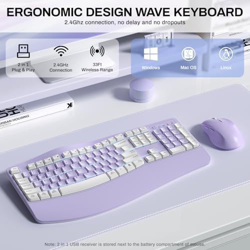 Wireless Keyboard and Mouse Combo,2.4G Ergonomic Wave Keys(Purple-A)
