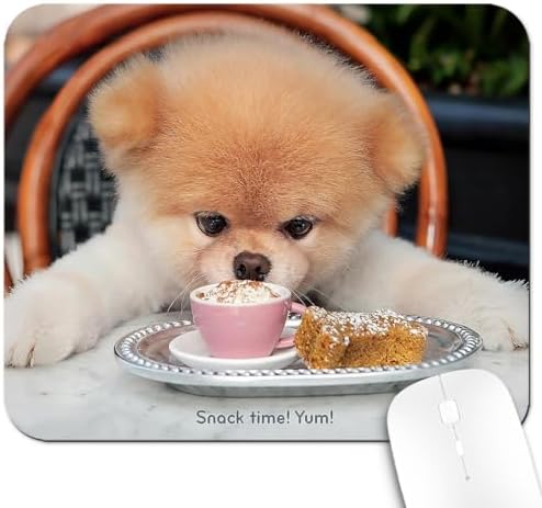 9.5x7.9 Inch Office/Gaming Mouse Pad, Lovely Fluffy Pomeranian Funny Teacup Puppy Pet Snack Time, Cute Anti-Slip Mat for Desk Decor