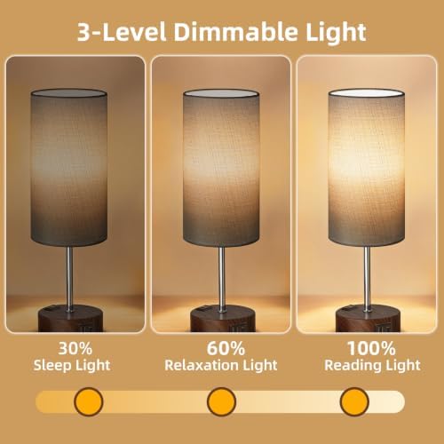 Table Lamp, Dimmable Touch, AC Outlet, USB A+C (Grey&Walnut)