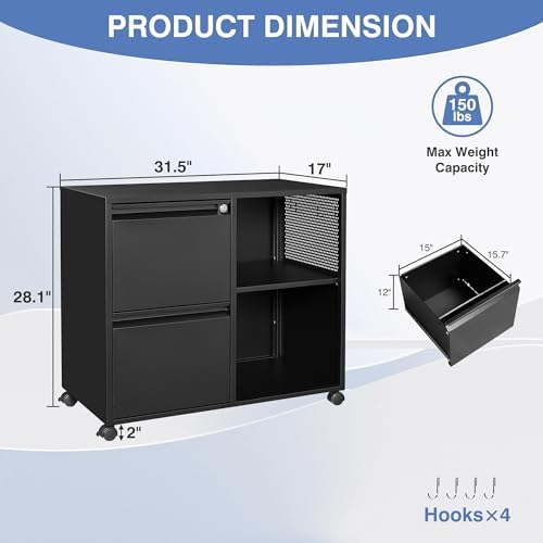Mobile File Cabinet with Side Hook, 2 Drawer Lateral File Cabinet with Lock fits A4/Letters/Legal Size for Home Office,Metal Rolling Printer Stand with Open Storage Adjustable Shelves(Black)