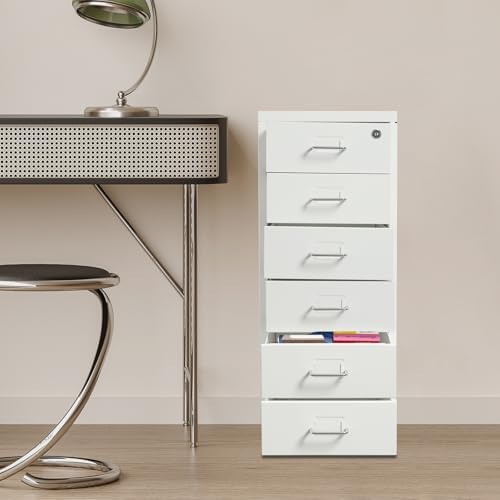6 Drawer Rolling File Cabinet with Lock, Metal Filing Cabinet with Wheels, Desk Organizer with Drawer, Under Desk Storage for Home Office