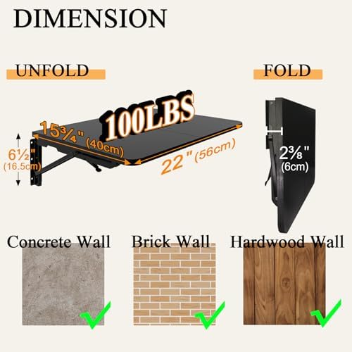 TEAMIX Wall Mounted Folding Table for Small Spaces, Black Floating Desk