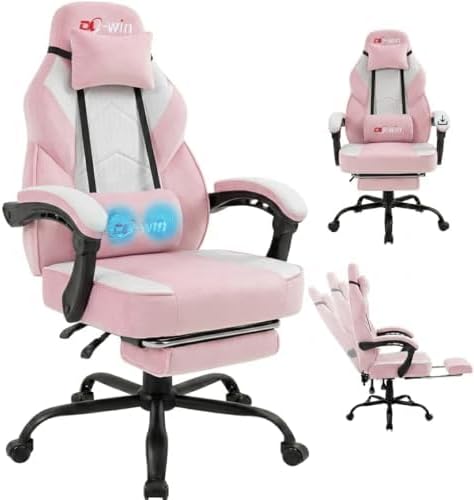 Shintenchi Big and Tall Gaming Chair Fabric Pocket Spring Cushion, High Back Recliner with Footrest and Headrest for Adults, Massage Lumbar Support for Home Office, Ergonomic Computer Desk Chair, Pink