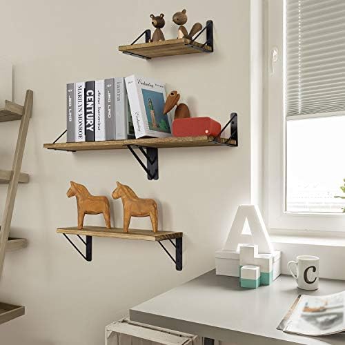 BAYKA Wall Shelves for Bedroom Decor, Floating Wall Shelves for Living Room Kitchen Storage, Wall Mounted Rustic Wood Floating Shelves for Kids Books, Corner Shelves for Bathroom(Brown，Set of 3)