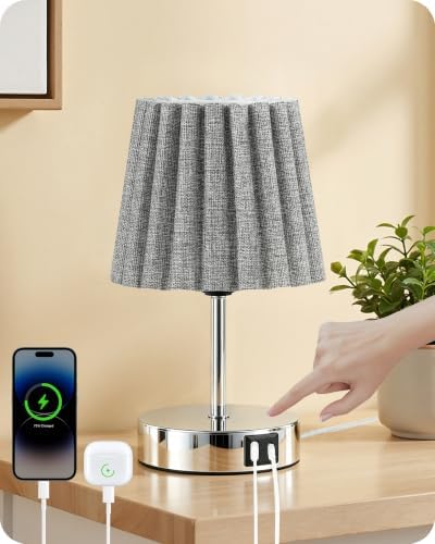 Small Bedside Table Lamp, Touch Dimmable Table Lamp with USB Ports, Nightstand Lamp with a Stepless Dimming LED Bulb, E26 Base, for Bedroom, Study, Desk, Glossy Gray and Gray PSH16TL05
