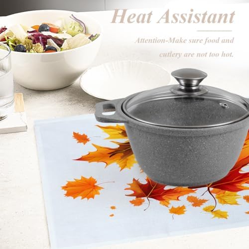 Shrahala Autumn Maple Leaves Set of 8 12 X 18 Inch Linen Placemats, Orange Fall red Leaves Burlap Table Mat Washable Double Layered Heat Insulation for Indoor