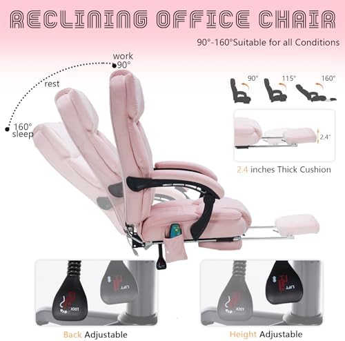 Massage Office Chair with Foot Rest 6 Points Vibration and Heat Home Office Desk Chairs for Heavy People 400lbs Reclining Managerial Chairs Ergonomic Executive Chair (Pink)