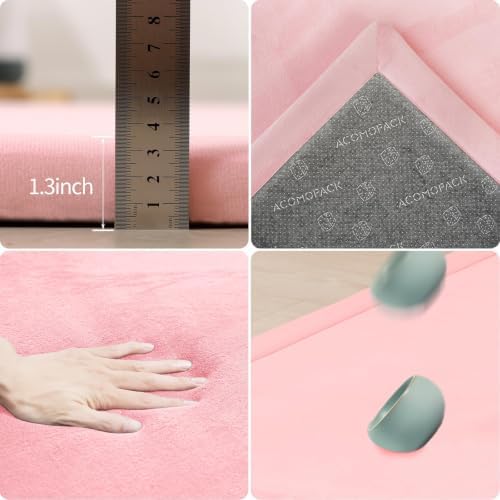 ACOMOPACK 1.3" Thick Baby Play Mat for Floor,50x50 Elasti-Foam Playpen Mat for Kids,Infants,Toddlers, Ultra Soft Crawling Mat with Non-Slip Bottom,Tummy Time,Nursery Rug,Yoga,Tatami（Pink）