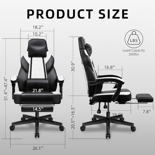 Shintenchi Gaming Chair,Video Game Chair with footrest and Massage Lumbar Support,Height Adjustable Game Chair with 360°Swivel Seat Ergonomic Computer Chair with Headrest for Office or Gaming(White)