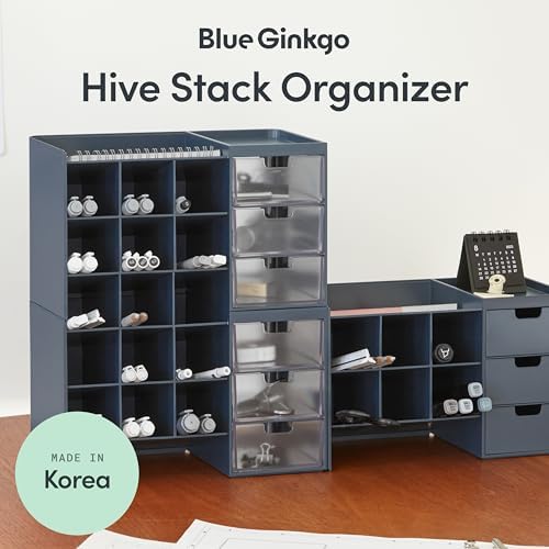 Blue Ginkgo Stackable Desk & Pen Organizer, Blue, Made in Korea