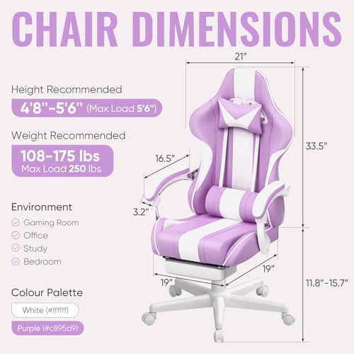 Ferghana Gaming Chairs, Ergonomic Racing Style PC Game Computer Chair with Headrest Lumbar Support Adjustable Recliner PU Leather Video Computer Chair(Light Purple)