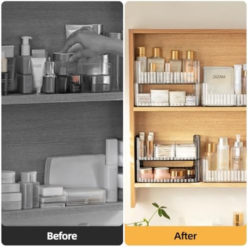 PAVSTINE 2-Tier Stackable Medicine Cabinet Organizer, Narrow Bathroom Makeup Organizer with Lipstick Holders & Cotton Swab Cases, Clear Countertop Shelf for Mirror Cabinet and Vanity