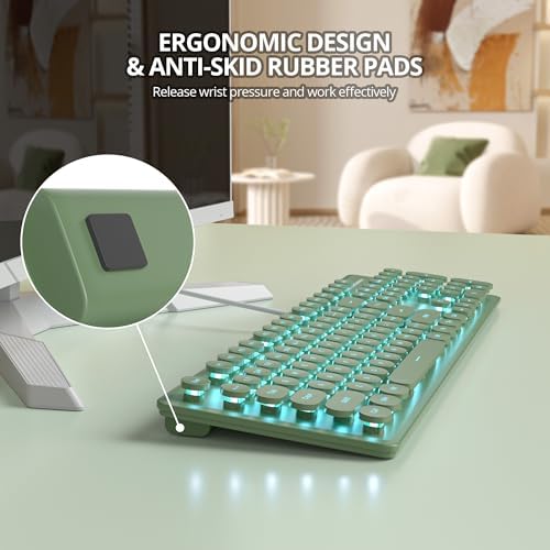 surmen Cute Quiet Keyboard Green Wired Typewriter Keyboard, Light Up Backlit PC Keyboards with Retro Round Keys Full Size 104 Keys for Office Computer (Dark Green)