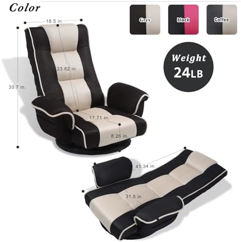 360° Swivel Floor Chair with Armrests, 14-Position Adjustable Floor Lounger for Adults, Foldable Reclining Chair for Living Room & Bedroom