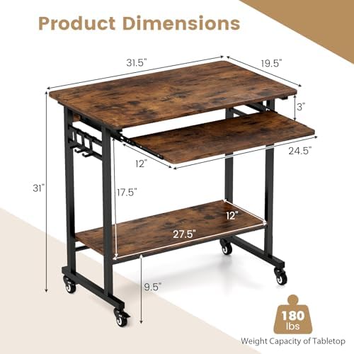Rolling Desk with Keyboard Tray, 31.5’’ Small Computer Desk with Wheels