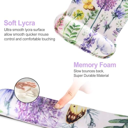 Keyboard Pad Wrist Rest Mouse Pad, ToLuLu Gel Ergonomic Mouse Pads for Computer Laptop Office, Mousepad Keyboard Wrist Support Memory Foam for Easy Typing & Pain Relief, Purple Floral Yellow Butterfly