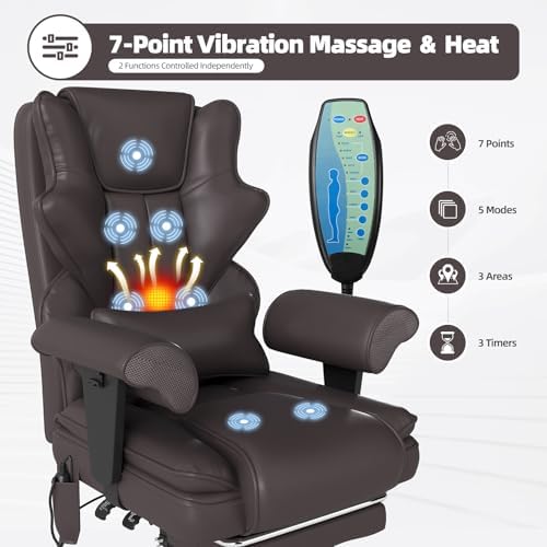 7-Point Massage Heated Executive Office Chair with Footrest, Brown