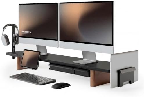 Fenge Modular Dual Monitor Stand Riser with Solid Ash Wood Leg, 42.5" Black
