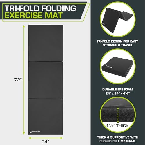 ProsourceFit Tri-Fold Folding Thick Exercise Mat 6’x2’ with Carrying Handles for MMA, Gymnastics, Stretching, Core Workouts