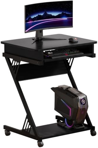 Zenira 24-Inch Small Computer Desk, Z Shape Laptop Desk Cart on Wheels