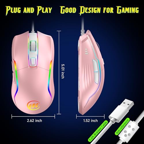 memzuoix Wired Gaming Mouse with RGB - 6 Adjustable DPI up to 12800, 6 Buttons, 12 Lighting Modes, Ergonomic Design with Anti-Slip Rubber Wheel, 5.6ft Braided Cable for PC/Mac/Windows - Pink