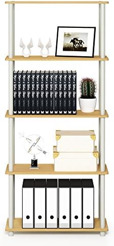 Furinno TURN-N-TUBE Storage Shelves, 5-Tier Book Shelf, Corner Shelf, Toolless Open Shelves, for Organization and Storage, Living Room, Garage, Home Office, Beech