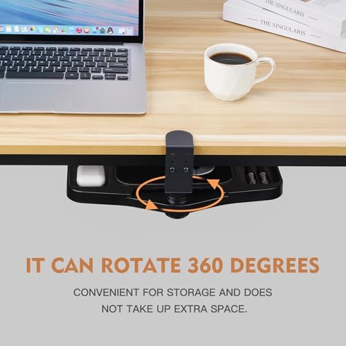 Clamp-on Mouse Pad Holder Platform, Height Adjustable Under Desk 360° Rotating Mouse Tray Rest Extension Attachment, with 5 Storage compartments Save Space