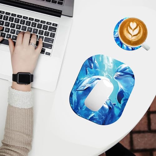 Small Mouse Pad，Mini Mouse Pad 6 x 7 Inch，for Laptop Keyboard Tray Wireless Mouse Home Office Travel，with Non-Slip Rubber Base, Waterproof Mouse Mat，Blue Dolphins Underwater