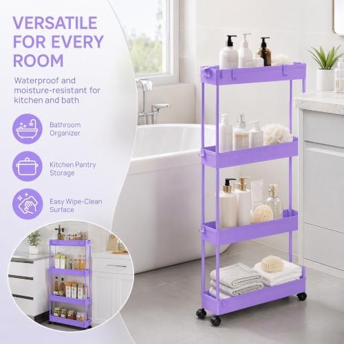SPACELEAD Slim Storage Cart 3 Tier,Bathroom Organizer Rolling Utility,Mobile Shelving Unit Slide Out for Office, Kitchen, Laundry Room & Narrow Places,Purple