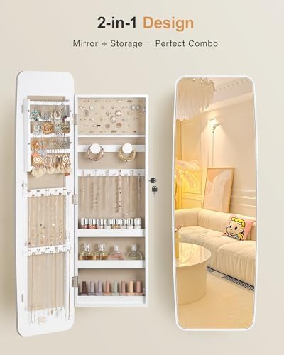 Nicetree Rounded Mirror Jewelry Cabinet, Lockable, Wall Mounted, Moon White