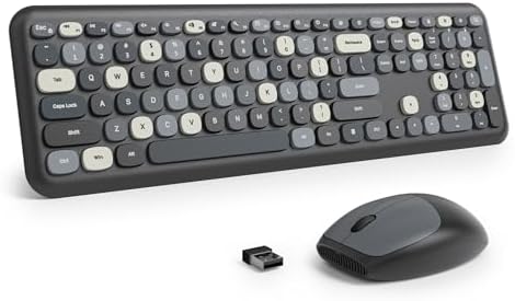 Surmen Colorful Black Quiet Keyboard and Mouse Wireless, Full-Size Girly Slient Keyboard Retro Typewriter Low-Noise 2.4GHz for Computer, Desktop, Laptop (X110-Blend Gray)