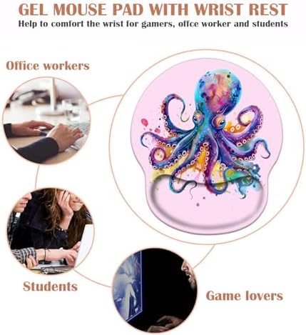 Ergonomic Mouse Pad Wrist Support and Cute Coffee Coaster, Non Slip PU Base Mouse Pad Wrist Rest for Computer, Office Gaming, Working, Easy Typing & Pain Relief, Colorful Octopus