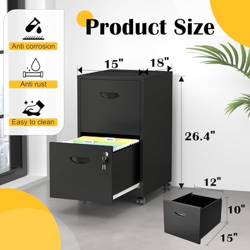 SteeLoong 2 Drawer File Cabinet,Metal Mobile File Cabinet with Lock Black