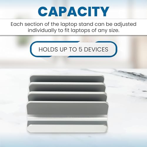 Elestoria 5- Slot Vertical Laptop Stand - Aluminum Laptop Stand Vertical for Desk - Fits MacBook Pro/Air, Surface, Mobiles & Gaming Laptops up to 17.3" - Heavy Duty Laptop Holder for Desk - (Silver)