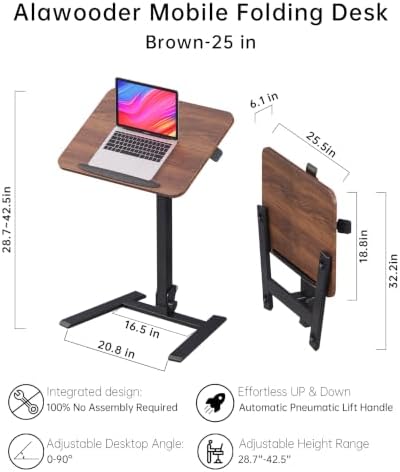 alawooder 25" Mobile Folding Desk: Pneumatic Sit-Stand, No Assembly