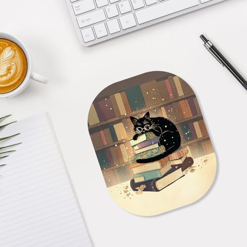 Small Mouse Pad, 6 x 7 Inch, Oval Mini Mouse Pad with Non-Slip Rubber Base for Laptop Wireless Mouse Keyboard Tray Mousepad, Glasses Cat