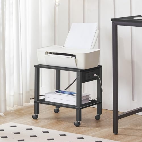 HOOBRO 2-Tier Printer Stand with Charging Station, Under Desk Printer Table, Printer Cart with Storage Shelves, Shelf for Small Spaces, for Home Office, Black BK38UPS01
