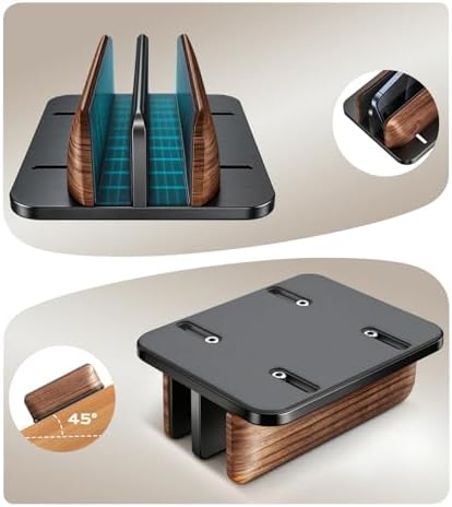LOXP Vertical Laptop Stand, Dual Slot Wooden + Aluminum Laptop Holder