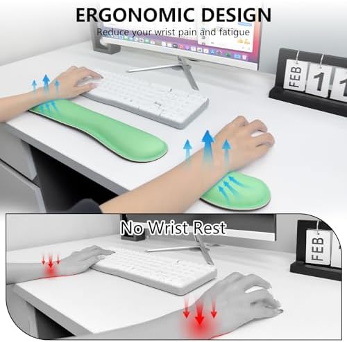 Wrist Rest for Computer Keyboard and Mouse, Ergonomic Design Wrist Support Pad for Keyboard, Soft Memory Foam Desk Pads Support Hand and Arm Easy Typing Pain Relief, 2 Piece Pad, Green