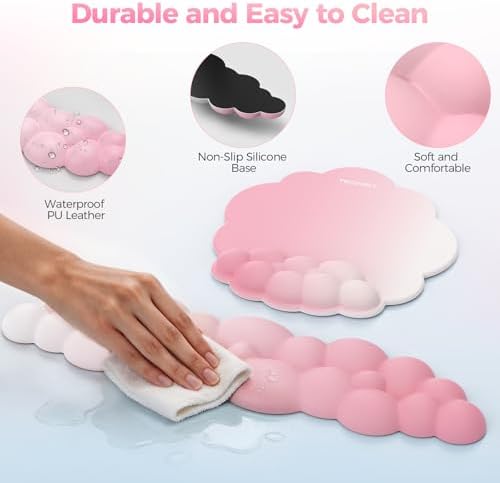 TECKNET Cloud Wrist Rest & Ergonomic Mouse Pad, Cloud Keyboard Wrist Rest with Non-Slip Base, PU Leather Memory Foam Wrist Pad for Keyboard and Mouse, Pain Relief for Typing, Gaming, Pink