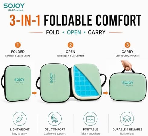Sojoy 3-in-1 Foldable Gel Seat Cushion with Memory Foam Ergonomic Portable Cushion for Back Pain & Tailbone Relief - Perfect for Office Chair, Airplane Travel & Stadium Seats (18.5" x 15" x 2" Green)