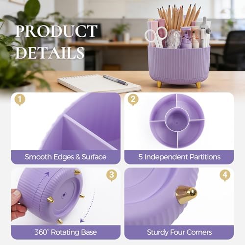 KONVINIT Pencil Pen Holder for Desk, 5 Slots 360-Degree Rotating Desktop Organizer, Cute Desk Organizers and Accessories for School, Home, Office and Art Supply, Purple