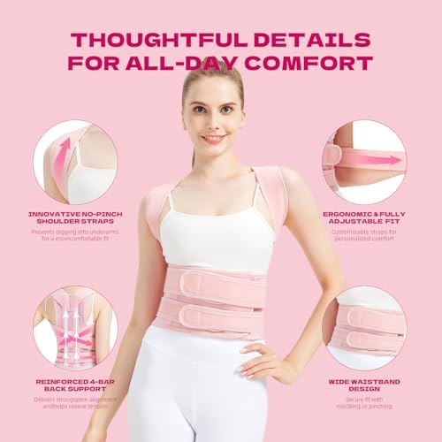 Back Brace Posture Corrector for Women & Men, Breathable, Pink, M