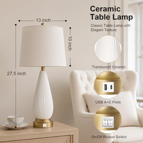 27.5" Translucent Ceramic Table Lamps Set of 2 with Night Light for Bedroom