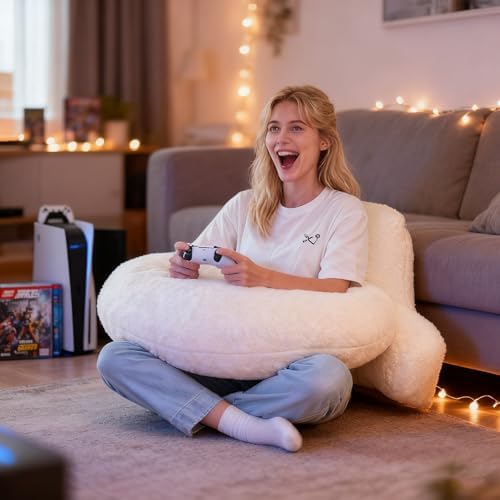 19" Reading Pillow for Bed,U Shaped Arm & Elbow Support,White Faux Fur