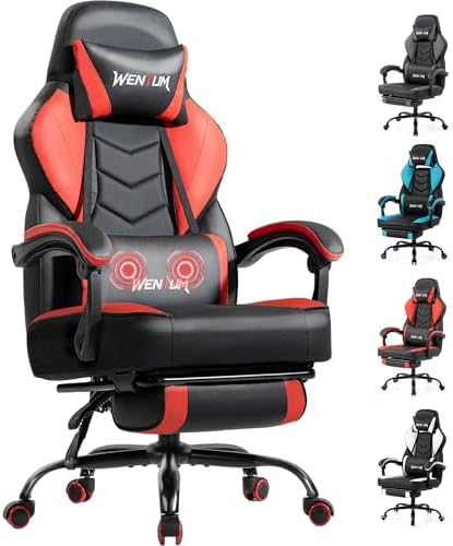 Massage Gaming Chair, Big & Tall with Lumbar Support & Footrest, Red
