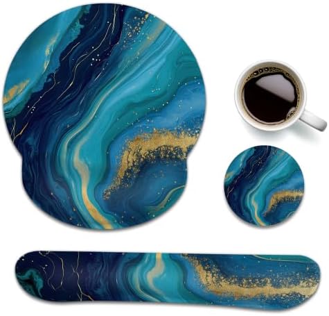 Blue Gold Marble Mouse Pad with Wrist Rest, Keyboard Support and Coaster